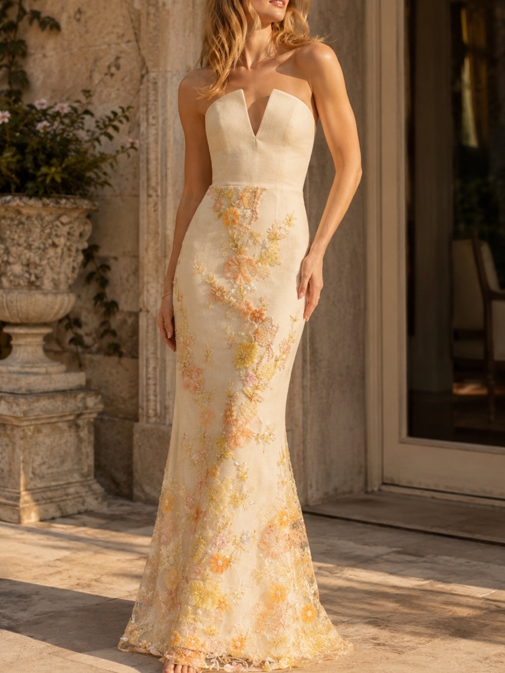 Dress the Population Fernanda Bead
Embellished Floral Strapless Gown Ivory Multi